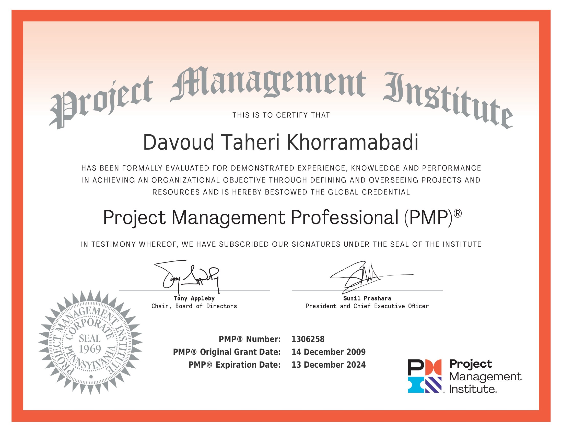 Davoud Taheri Khorramabadi — PMP Credential / گواهینامه PMP آقای داوود طاهری خرم‌آبادی — Rastak Pouya Engineering Company