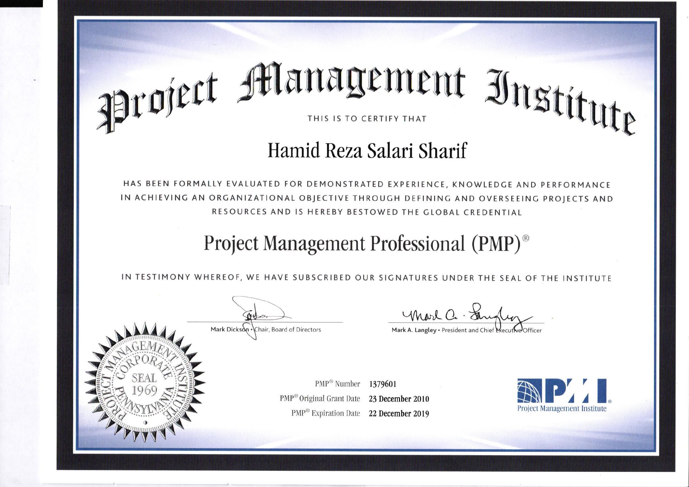 Hamid Reza Salari Sharif — PMP Credential / گواهینامه PMP آقای حمیدرضا سالاری شریف — Rastak Pouya Engineering Company