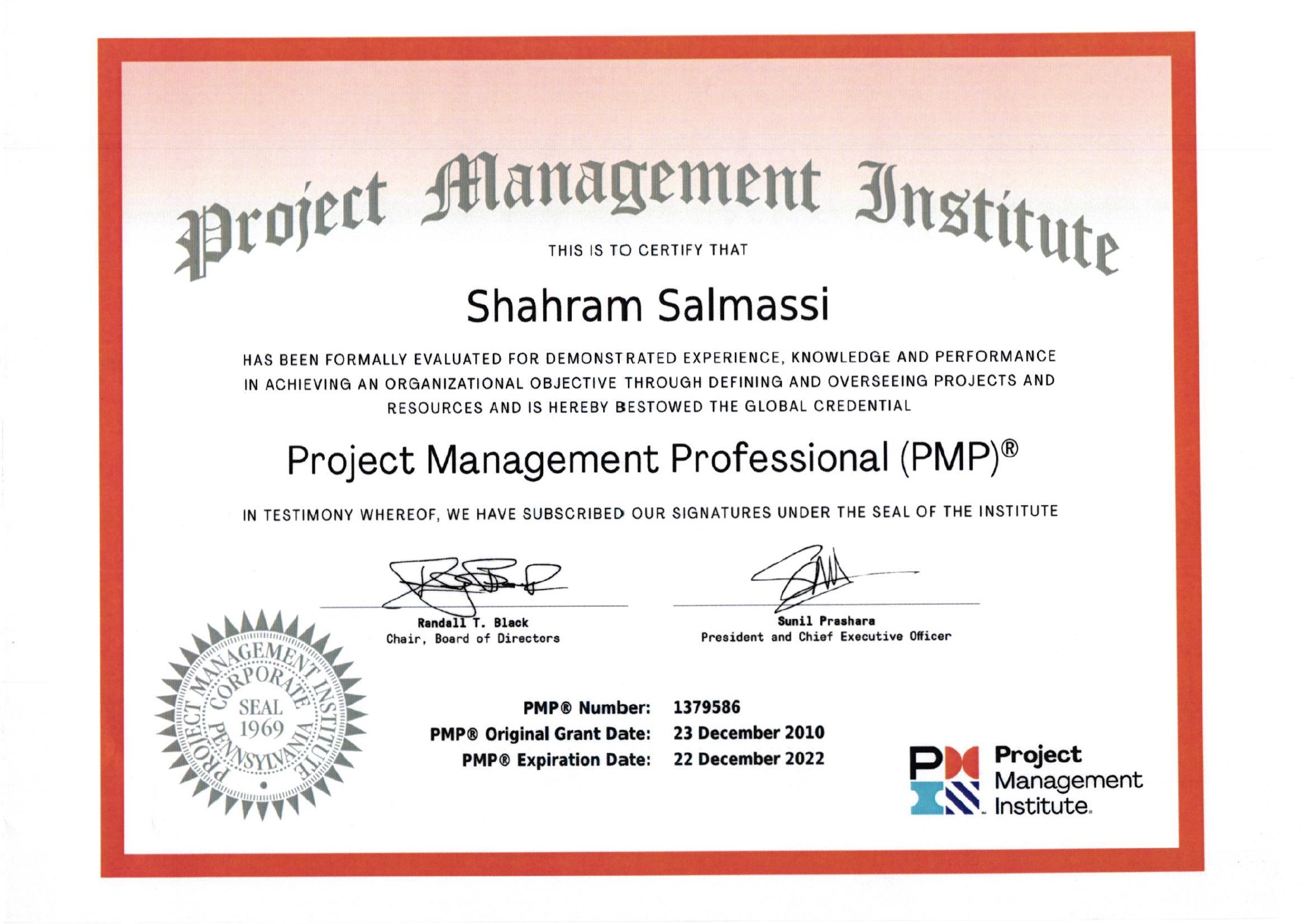 Shahram Salmassi — PMP Credential / گواهینامه PMP آقای شهرام سلماسی — Rastak Pouya Engineering Company